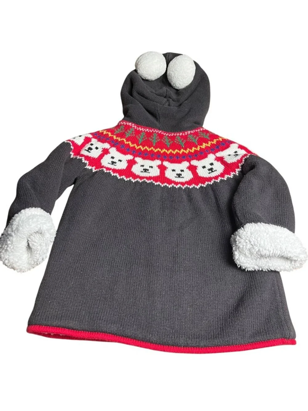 Hanna Andersson Sherpa Sweater Nordic Fair Isle Polar Bear Hoodie gray& red 2T
